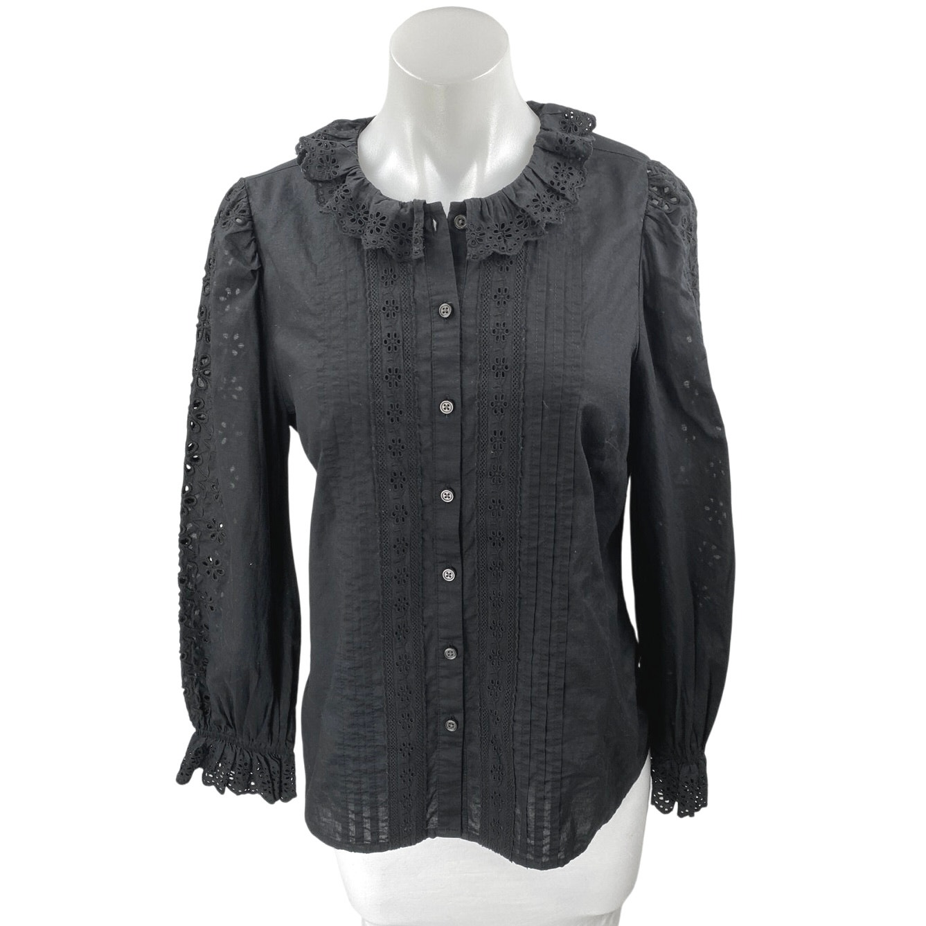 J.Crew Women's Black Ruffle Long Sleeve Button Down Shirt Blouse Top Size S